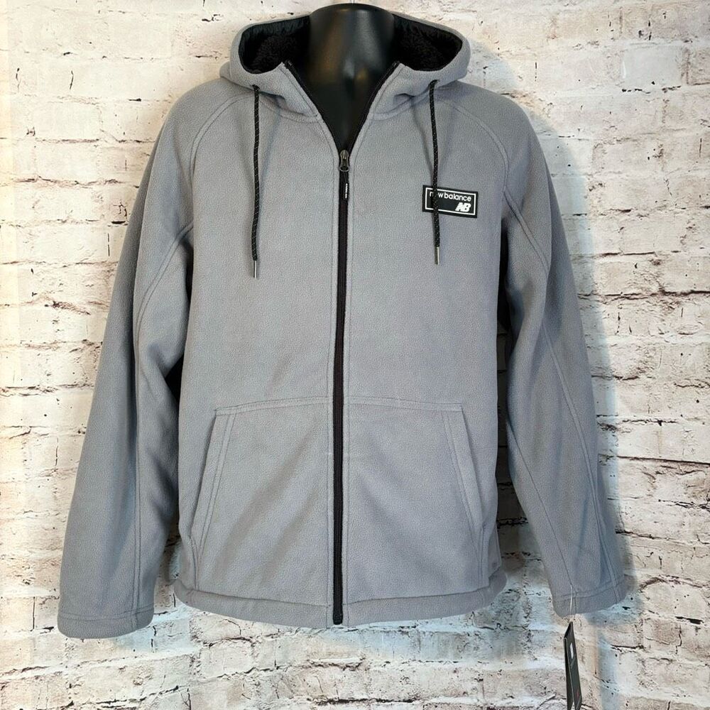 New Balance Gray Fleece Full Zip Hoodie Jacket Lined Black Mens Size Small NWT